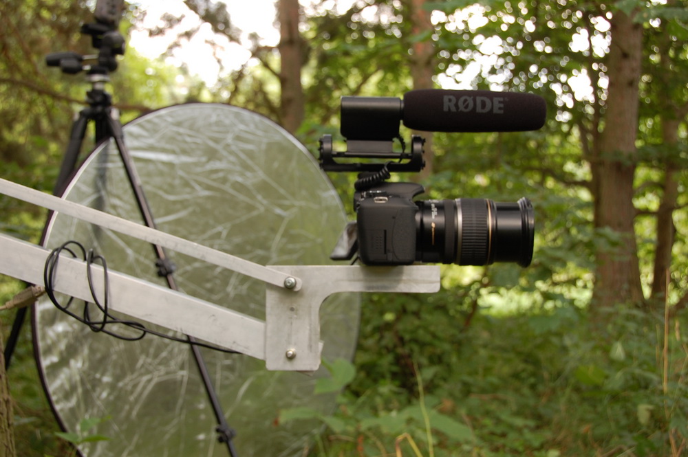 Camera on crane and a reflector for shooting outside in the shade.